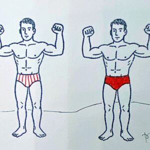 2 beaux nageurs, un en slip rayé de rouge l'autre en slip rouge