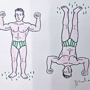 2 beaux nageurs en maillot de bain blanc à rayures vertes