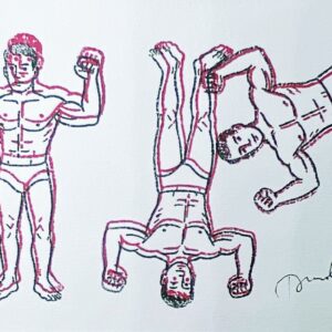 Trois beaux nageurs en rouge et noir faisant des galipettes