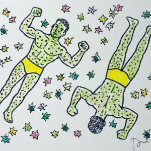 2 Beaux Nageurs recto verso sur fond d'étoiles multicolores