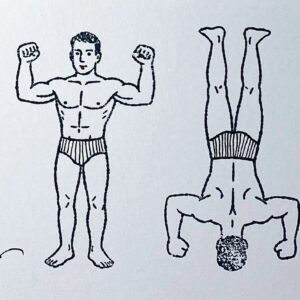 1 beau nageur de face en slip blanc à rayures noires, un autre de dos et sur la tête