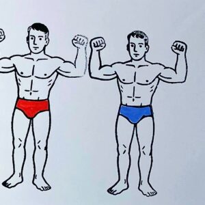 2 beaux nageurs, un en slip rouge l'autre en slip bleu