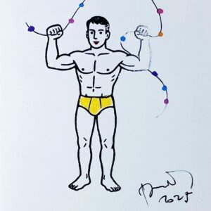 Un beau nageur en slip kangourou jaune et fil à perles de couleurs