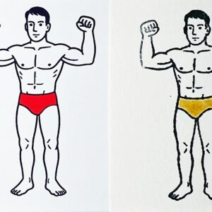 2 beaux nageurs en slips rouge et or