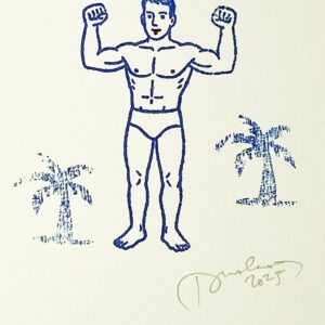 Un beau nageur entre 2 palmiers bleus