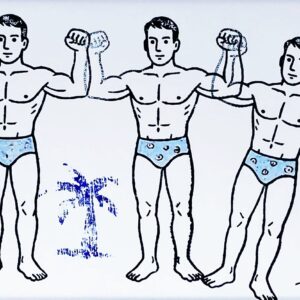 3 beaux nageurs en slips bleus à pois jaunes