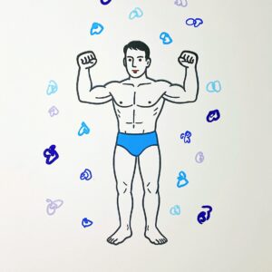 Le beau nageur entouré de fleurs bleues