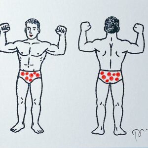 Un beau nageur de face en slip blanc à pois rouges, un autre de dos