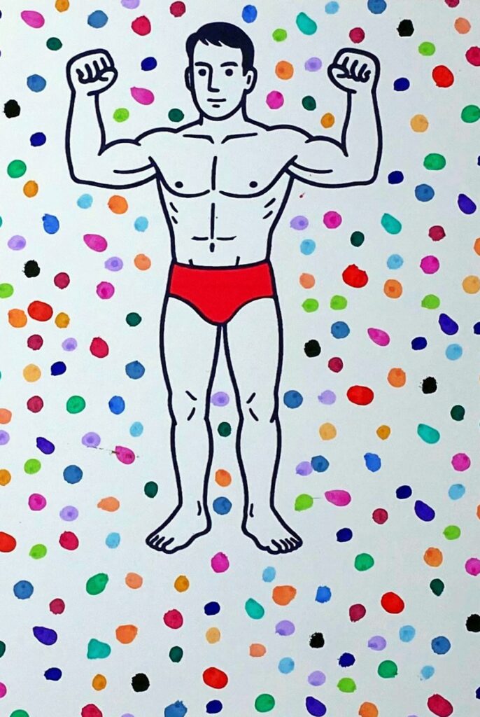 Un beau nageur en slip rouge sur fond de pastilles de couleur