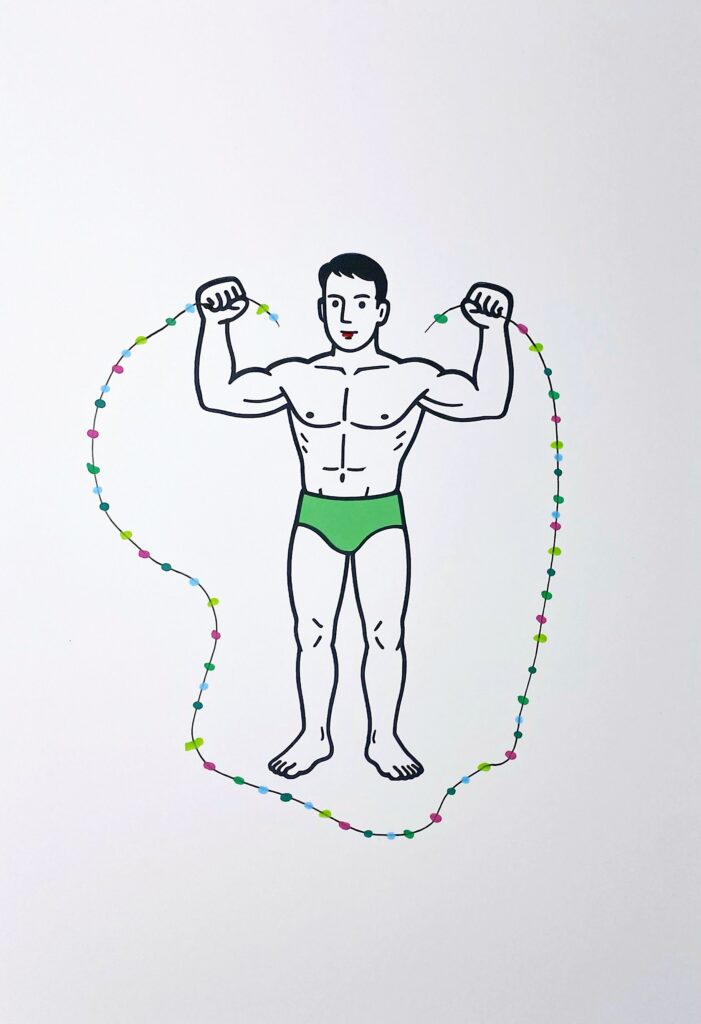 Le beau nageur au fil de perles multicolores