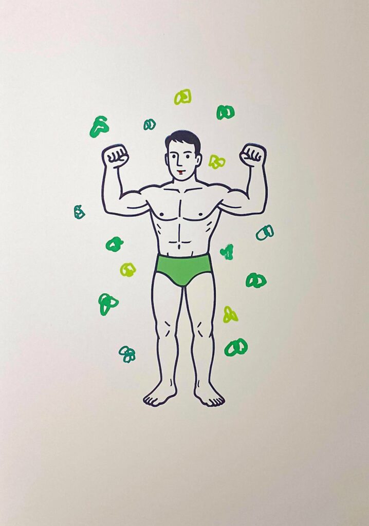 Le beau nageur entouré de fleurs vertes