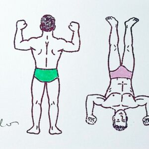 un beau nageur de dos en slip vert, un autre de face en slip rose et sur la tête