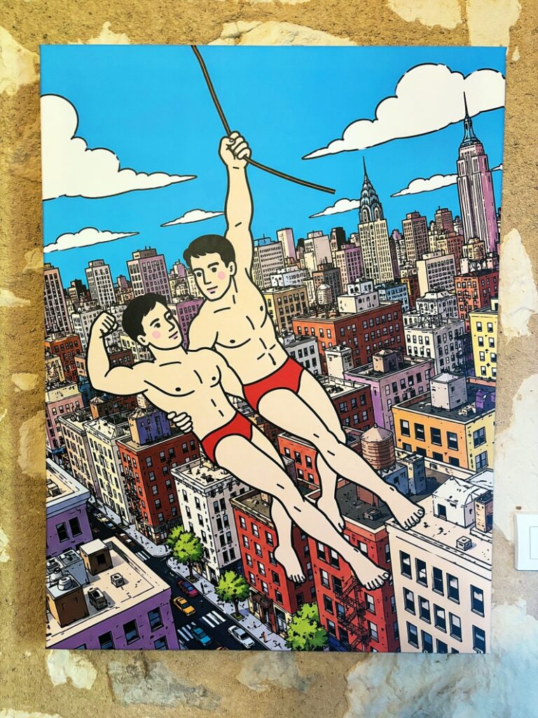 Les beaux nageurs survolent New-York-Toile 60 × 80 cm